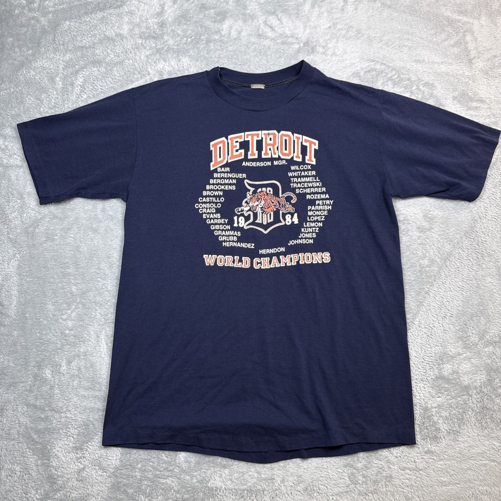 Vintage Detroit Tigers 1984 World Series Champions Shirt Men L Blue MLB Baseball